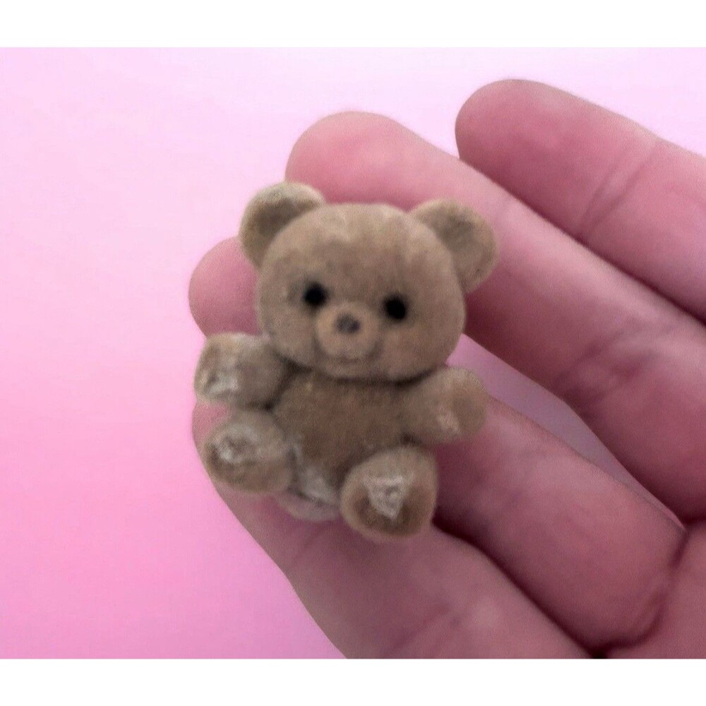 VTG ASI Brown Flocked Teddy Bear Pin Small Fuzzy Lapel Hat Brooch 80s Retro 1”